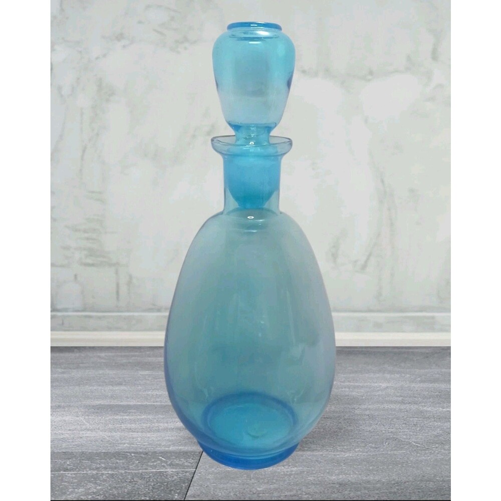 Vtg 1960's EMPOLI Turquoise Blue Hand Blown 9" Glass Decanter Genie Bottle MCM